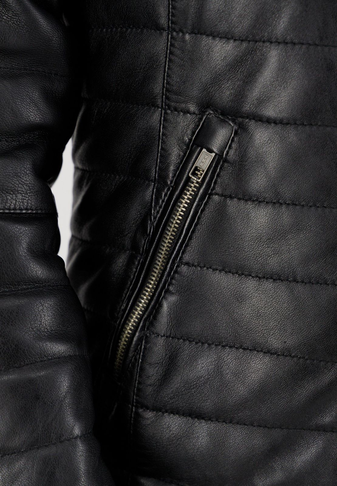 Black leather jacket detail with zipper
